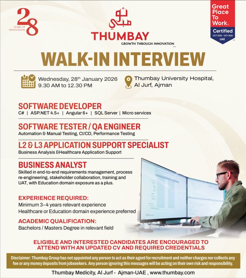 Thumbay Group Walk in Interview in Ajman | Thumbay Group Jobs and Careers