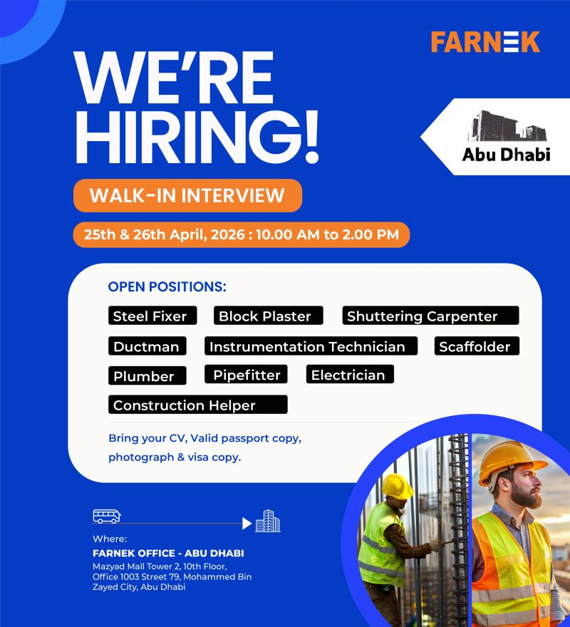 Farnek Walk in Interview in Dubai, UAE | Farnek Services LLC Jobs and Careers UAE