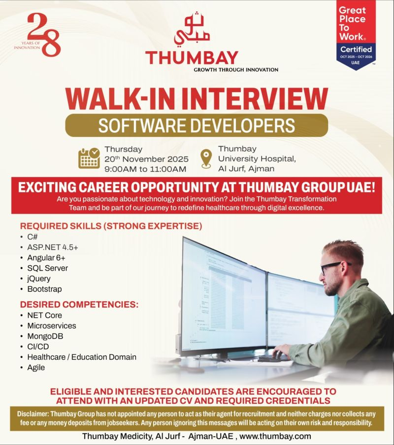 Thumbay Group Walk in Interview in Ajman | Thumbay Group Jobs and Careers 