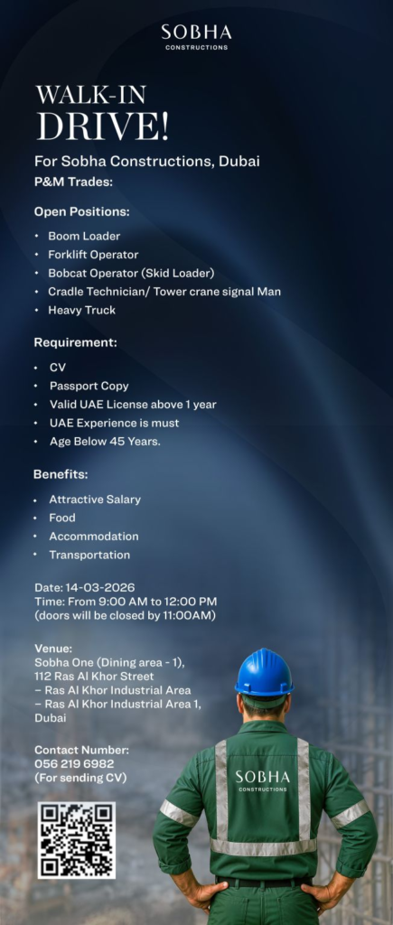 Sobha Construction Walk in Interview in Dubai | Construction Jobs and Careers in UAE