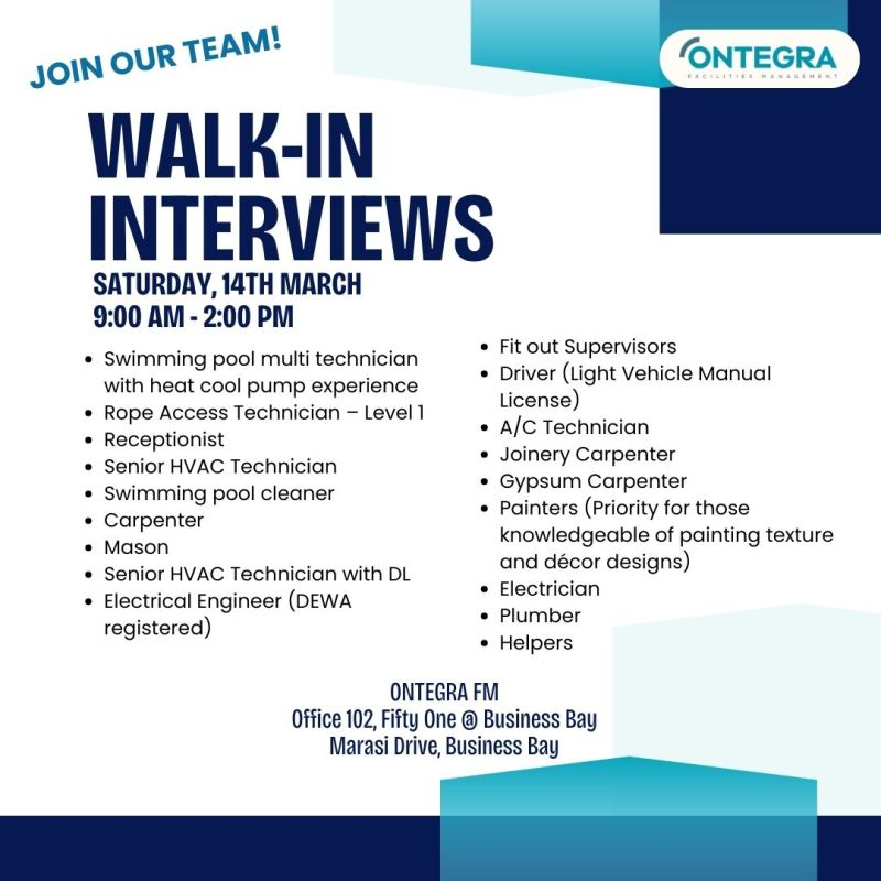 Ontegra Facilities Management Walk in Interview in Dubai | Latest Ontegra Facilities Management Careers and Jobs in Dubai, AE