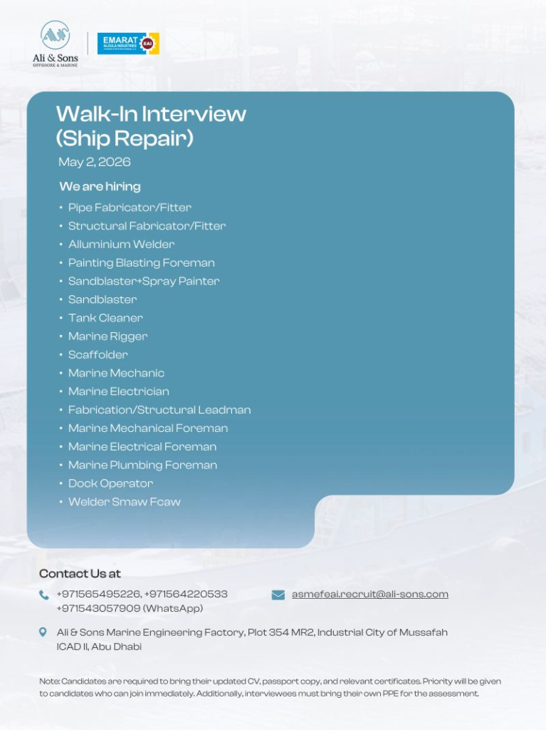 Ali & Sons Walk in Interview in Abu Dhabi, UAE | Walk in Interview in UAE