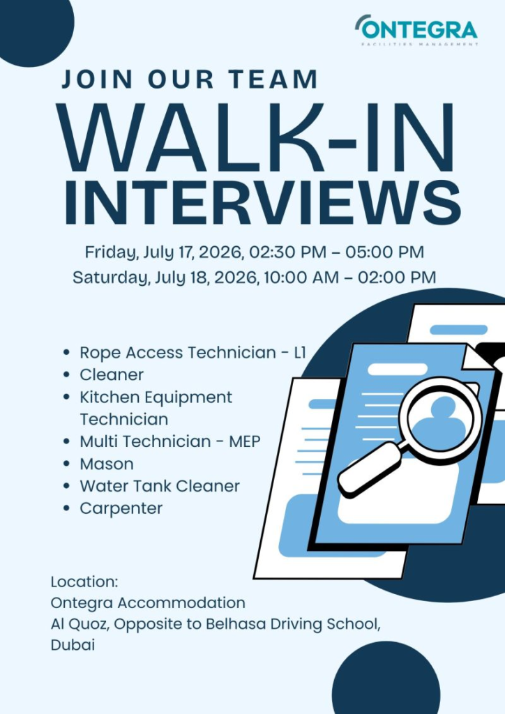 Ontegra Facilities Management Walk in Interview in Dubai | Latest Ontegra Facilities Management Careers and Jobs in Dubai, AE