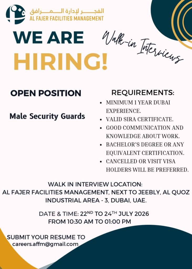 Al Fajer Facilities Management Walk in Interview in Dubai | Al Fajer Facilities Management LLC Jobs and Careers in Dubai, UAE