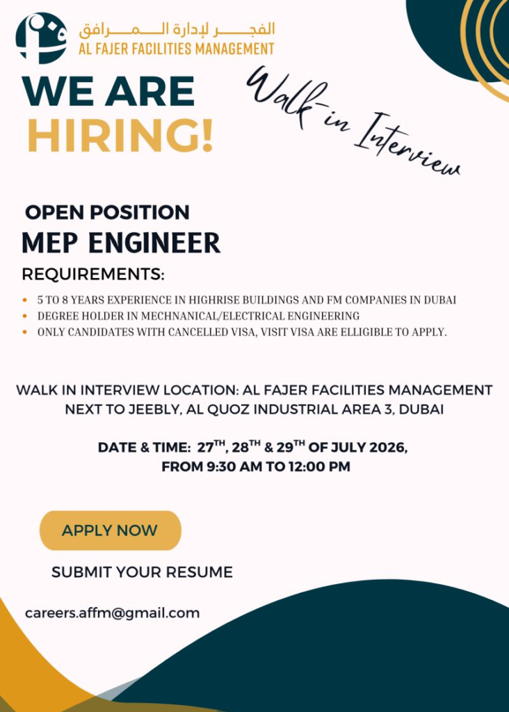 Al Fajer Facilities Management Walk in Interview in Dubai | Al Fajer Facilities Management LLC Jobs and Careers in Dubai, UAE