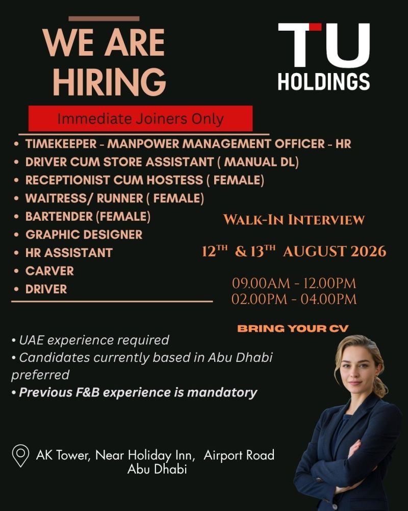 TU Holdings Walk in Interview in Abu Dhabi, UAE August 2026 | TU Holdings Jobs and Careers Abu Dhabi