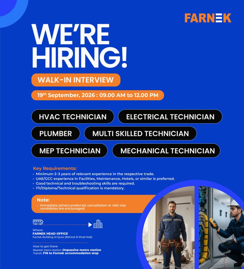 Farnek Walk in Interview in Dubai, UAE | Farnek Services LLC Jobs and Careers UAE