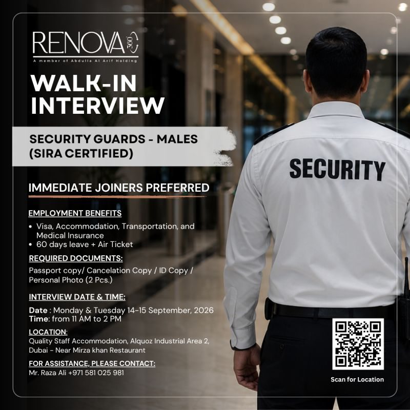 Renova 360 Contracting walk-in interview in Dubai, UAE for Security Guard and Lifeguard jobs